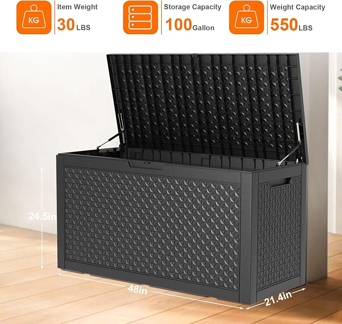 Vixzen 110 Gallon Deck Boxes Outdoor Waterproof, Large Resin Lockable Storage Box with lid for Patio Furniture Cushions, Weatherproof Outdoor Storage Boxes for Garden Tools & Pool Accessories(Black)
