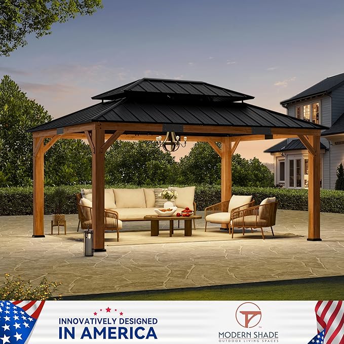 Modern Shade Rosewood Wood Gazebo 12' x 16', Hardtop Gazebo Permanent with Double Galvanized Steel Roof, Cedar Outdoor Gazebo with Sturdy Hooks for Garden, Backyard, Patio, and Deck