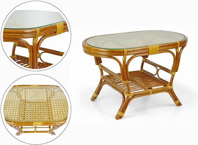 Malibu Lounge Set of 4: 2 Natural Rattan Wicker Chairs, Three-Seater Sofa with Cushions and Coffee Table with Glass Handmade, Colonial Color