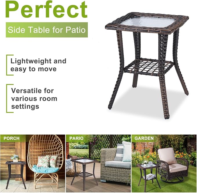 Outvita Rattan Outdoor Side Table with Glass Top & Storage Shelf | Small patio end coffee table, versatile furniture for porch, backyard, balcony and indoor living room