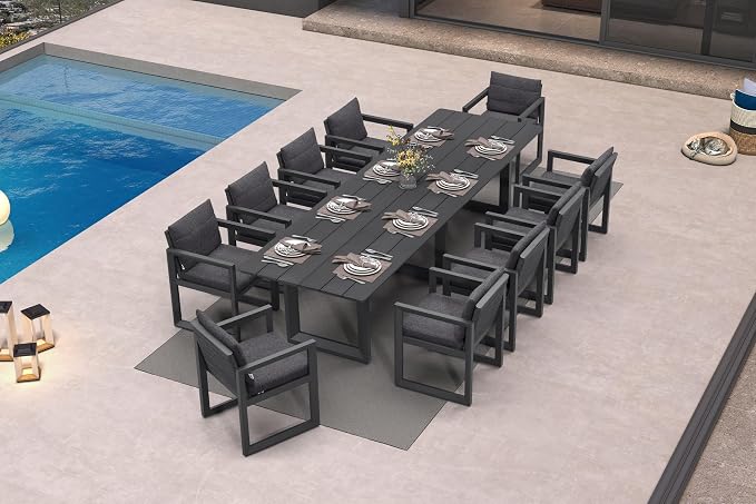 PURPLE LEAF Outdoor Dining Set for 10 Aluminum Oversize Patio Furniture Table and Chairs Set with All Weather Thick Cushion Rectangular Patio Dining Sets for Large Backyard Garden Poolside, Grey