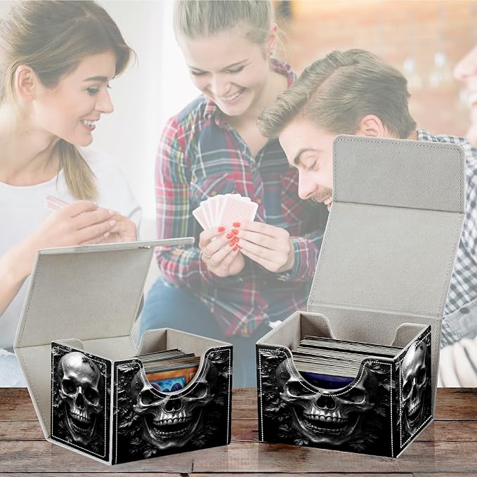 Card Deck Box for MTG, Cards Storage Box Fits 120+ Sleeved, Leather Small Size Strong Magnetic Closing Card Case for Board Games Magic TCG CCG Baseball Collection, Dark Skull