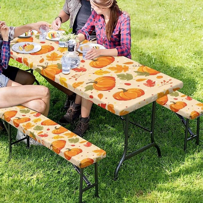 Fall Picnic Table Cover Fitted Picnic Table Cover with Bench Covers Picnic Table Cover Set of 3 Camping Rectangular Tablecloth Suitable for Family Gatherings Vacations Outdoor