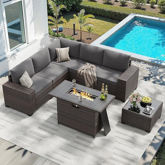 Soohow 7-Piece Patio Furniture Set with 44" Fire Pit Table, Outdoor Sectional Wicker Rattan Conversation Set for Garden, Porch, Backyard - Grey Cushions