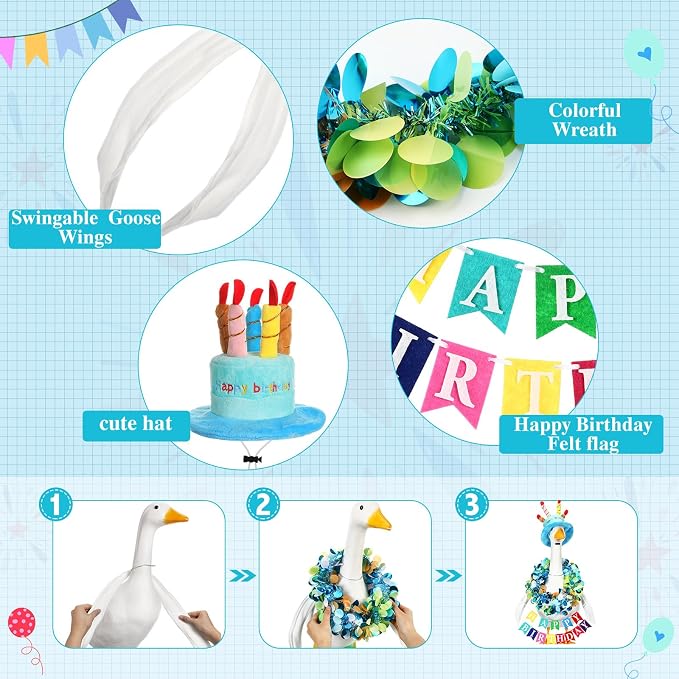 Abbylike 4 Pcs Happy Birthday Porch Goose Outfit for 23" Statues Poseable Porch Goose Wings Birthday Cake Hat for Lawn Patio Outdoor Geese Statue Decoration Accessories(Blue,Classic Style)