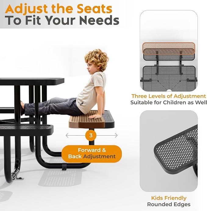 Metal Picnic Tables for Outdoors with Umbrella Hole - Coated Steel Heavy Duty Commercial Grade Furniture (Black, 46 in, Square, Punched Steel)