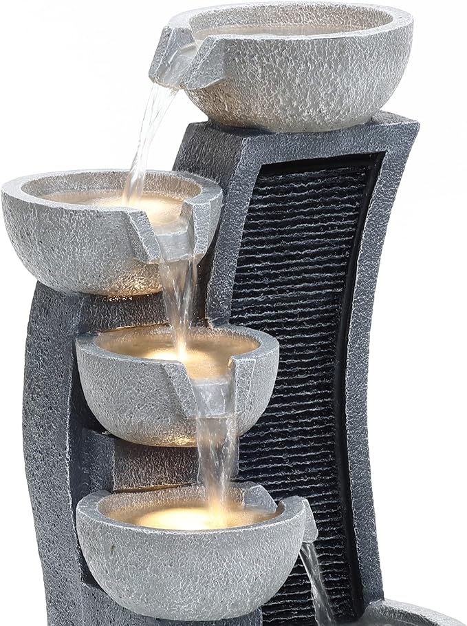 LuxenHome Water Fountain Outdoor, 26 Inch Resin Cascading Bowl Water Fountains Indoor with LED Lights, Modern Garden Decor, Small Waterfall Fountain, Outdoor Fountains and Waterfalls Garden Decor