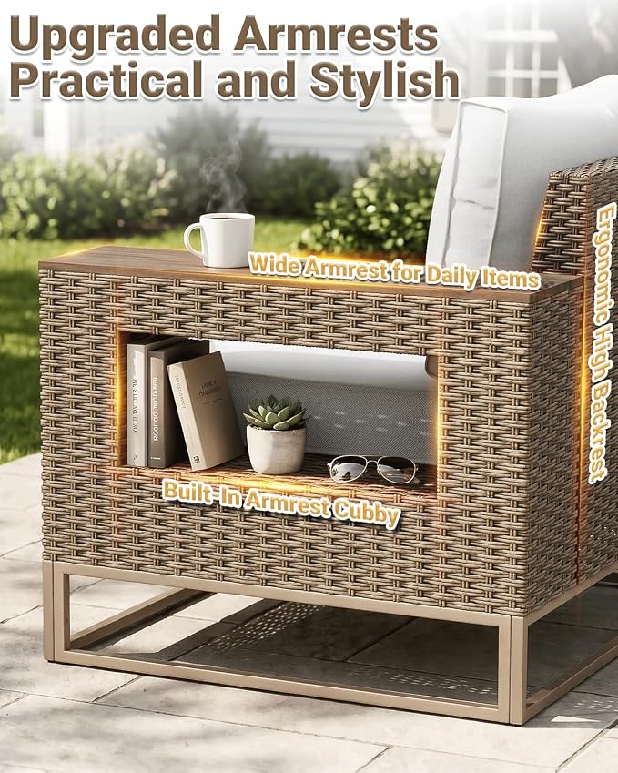Outdoor Patio Furniture Set 12-Piece PE Rattan Wicker Outdoor Sectional Sofa with Thickened Cushions and Chunky Arms, Modern Modular L-Shaped Conversation Set for Garden, Backyard, White
