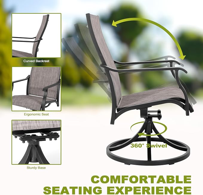 NUU GARDEN 7 Piece Outdoor Patio Dining Set, 63" x 36" Aluminum Dining Table with 1.97" Umbrella Hole, 4 Textilene Patio Chairs and 2 Patio Swivel Chairs for Garden,Backyard, Brown&Black