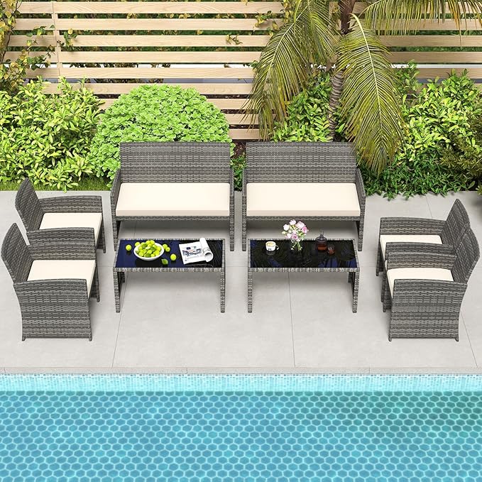 HAPPYGRILL 8 Piece Rattan Wicker Patio Conversation Set, Outdoor Furniture with Chair Loveseat Table & Cushion, for Backyard Porch Balcony (2, Off White)