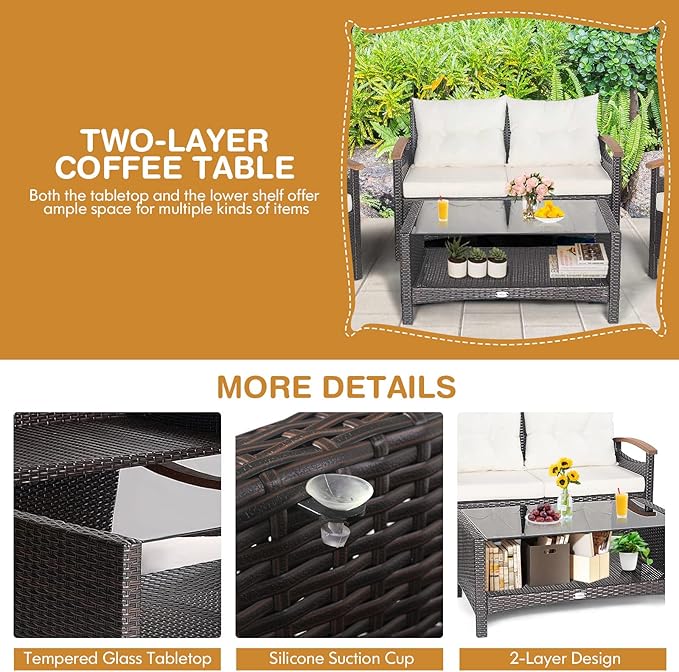 Tangkula 4 Piece Patio Rattan Conversation Set, Outdoor Wicker Sofa Set W/2-Layer Coffee Table, Backrest & Seat Cushions, Acacia Wood Curved Armrests, Suitable for Poolside, Backyard, Deck (1, White)