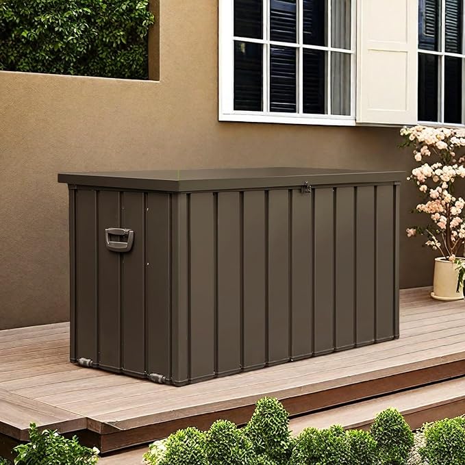ChicFurnit Outdoor Storage Box, 120 Gallon Deck Box with Lockable Metal Lid & Portable Side Handles, Outdoor Storage Bin with Stable Support Rod, Soft Close Mechanism & Mobility Rollers, Dark Brown