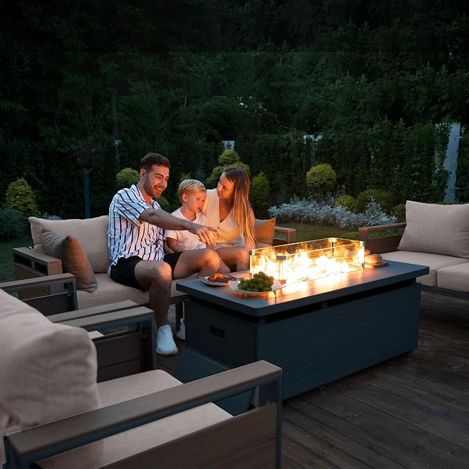 Sundale Outdoor Aluminum Patio Furniture Set with Fire Pit, 4 Piece Patio Conversation Sets with 5" Thick Cushions, Shimmer Coated Outdoor Couch with 2 Extendable Side Tables for Yard, Deck