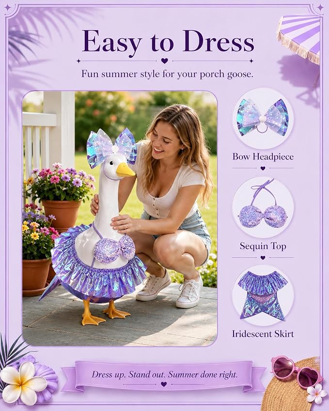 Lawn Goose Outfit Bikini Costume Set, Summer Porch Goose Outfit With Headband Sequin Top Ruffle Skirt Clothes, Fits Standard 23 Inch Porch Goose Statue, Outdoor Garden Yard Decor (Iridescent Purple)