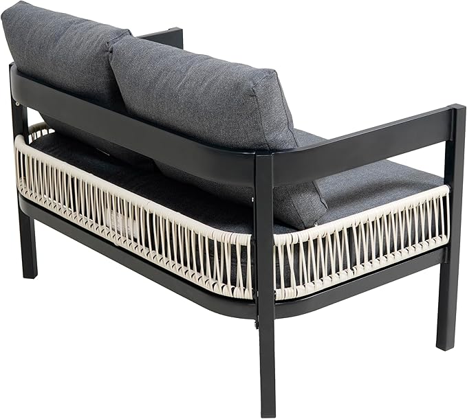 4-Pieces Outdoor Patio Sofa Set with Coffee Table, All-Weather Conversation Set with Thick Cushions and Pillows for Garden Backyard Balcony, Iron Frame&Wood Tabletop (Grey-3.17)