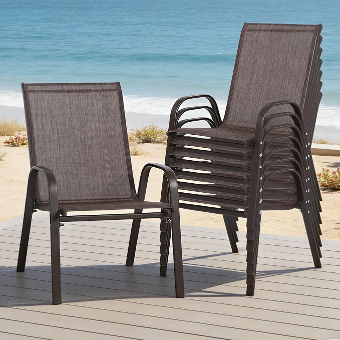 24.4" Wide Outdoor Stackable Chairs Set of 8, Stacking Patio Chairs with Textilene Fabric, Outside Furniture for Garden Backyard Balconie Poolside Deck, Brown