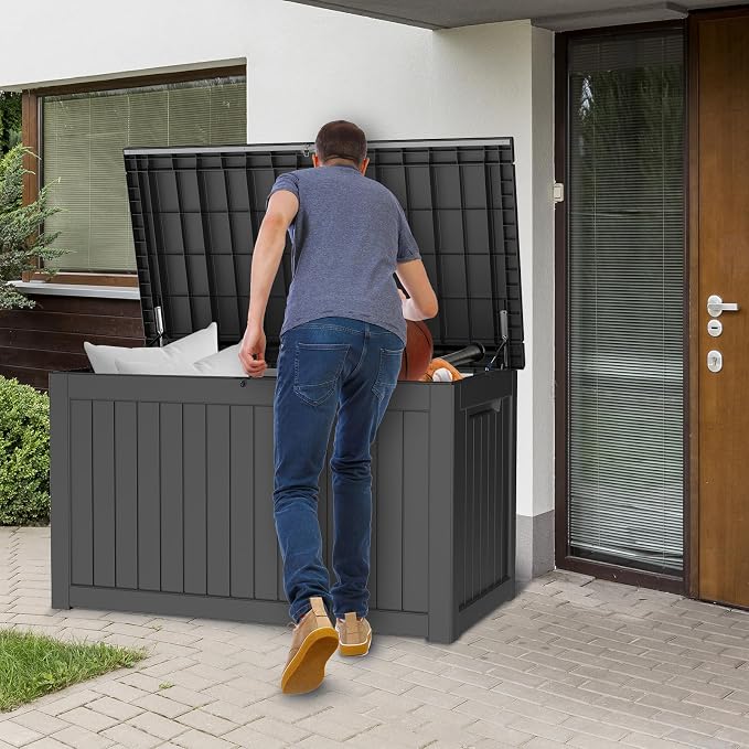 230 Gallon Waterproof Outdoor Resin Deck Box with Lockable Lid,Minimalist Wood Grain Pattern, Easy Assembly Features and Convenient Handles For Cushion, Pillows and other Patio Furniture(Black)