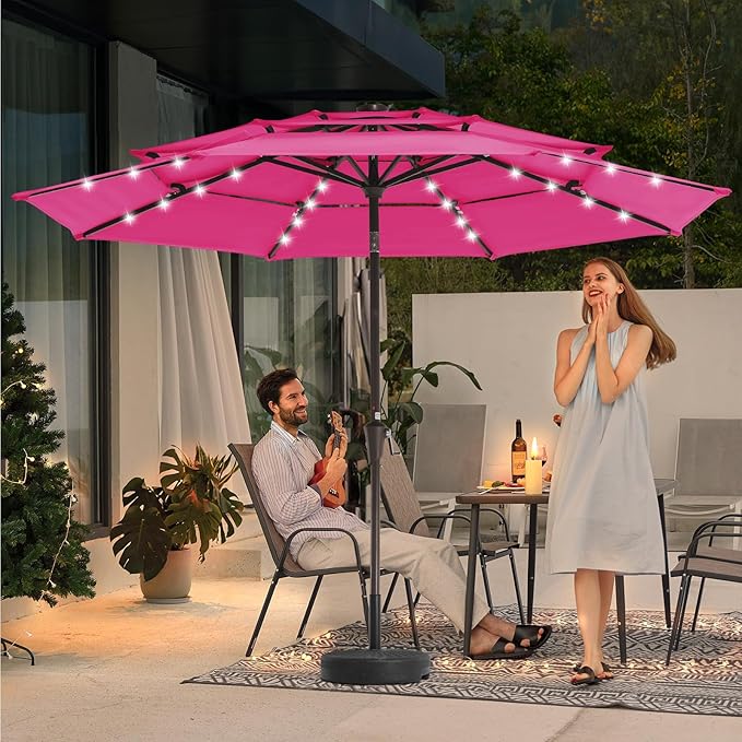 JEAREY 3 Tiers Patio Umbrella with Solar Lights 9ft Outdoor Market Table Umbrellas with Push Button Tilt for Outside Pool Garden, Pink