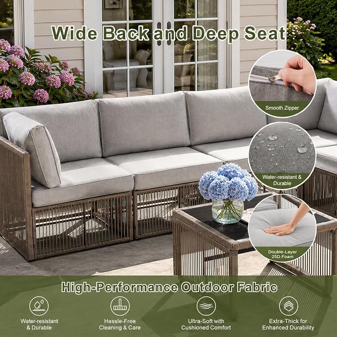 7 Piece Outdoor Patio Furniture Set, Wicker Sectional Sofa,Thick Cushions, All Weather Rattan Conversation Sets with Arm Chairs and Coffee Table for Backyard, Porch, Balcony, Deck, Garden