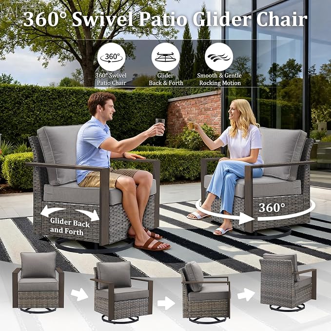 7-Piece Outdoor Patio Furniture Set with Swivel Chairs & Rattan Chairs, All-Weather Wicker Sofa Set for Garden, Yard, Porch and Poolside Seating, Grey/Grey