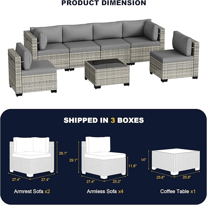 7-Piece Outdoor Patio Furniture Set, PE Wicker Rattan Sectional Sofa Conversation Set with Tempered Glass Table & Thick Cushions - All-Weather Garden, Backyard Furniture, Grey