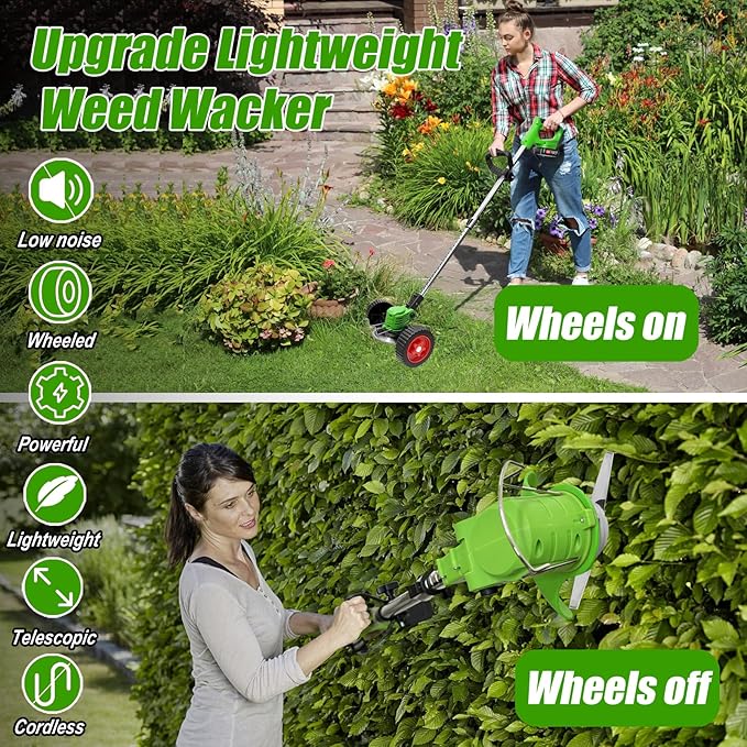 Electric Weed Wacker Cordless Eater, 21V No String Trimmer Battery Powered,3 In 1 Lightweight Grass Trimmer/Brush Cutter/Edger with Wheels and Metal Blade, Stringless Weed Trimmer for Lawn Yard Garden