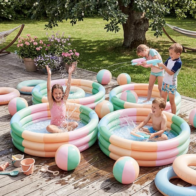 VioraWhite 4 Pack Inflatable Kiddie Pool for Toddlers 34"x10" Morandi Blow Up Kids Swimming Pool Small 3 Rings Round Baby Pools for Indoor Outdoor Water Game Play Center