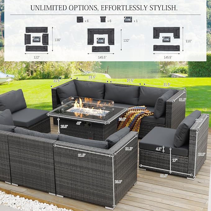 BULEXYARD 13 Piece High Back Patio Furniture Sets with Firepit, Luxury Outdoor Seating Sectional Couch 12-Person Modular, Comfortable Extra Large Wide Deep Backyard Conversation Sofa Set, Dark Grey
