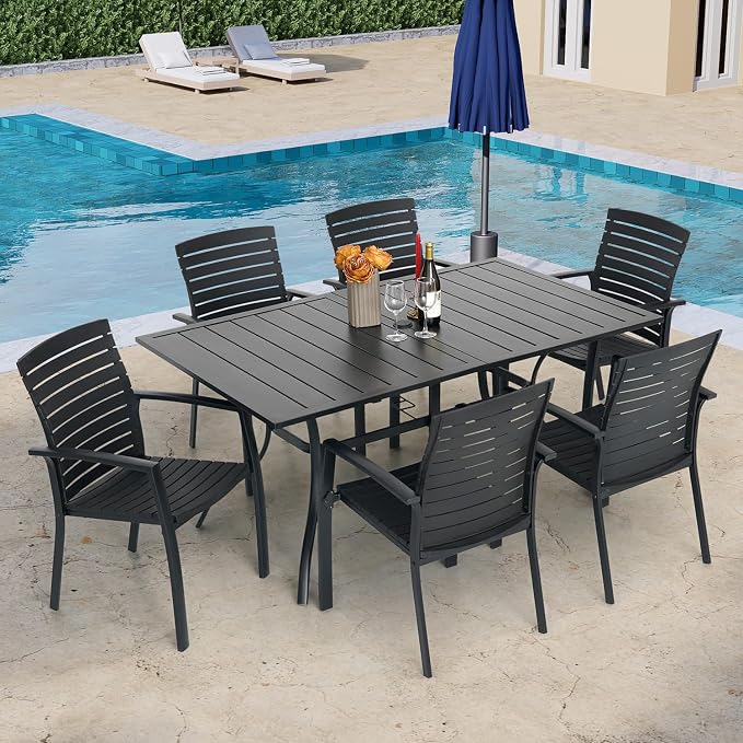 63"x38" Rectangle Outdoor Patio Dining Table with Umbrella Hole - 6 Person | 63" x 38" x 28" Rectangle Table, Slat Table Top, Black, Metal Top and Frame, 1.57"-1.9" Adjustable Umbrella Hole, All Weather