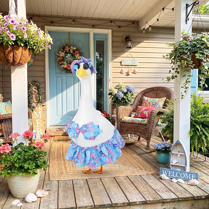 Abbylike Bikini Porch Goose Outfit Summer Hawaiian Goose Clothes Printed with Seashells Sun Hat Sunglass Fits 23'' Statue Cement Costume for Beach Yard Garden Lawn Pathway Patio Pool Decoration