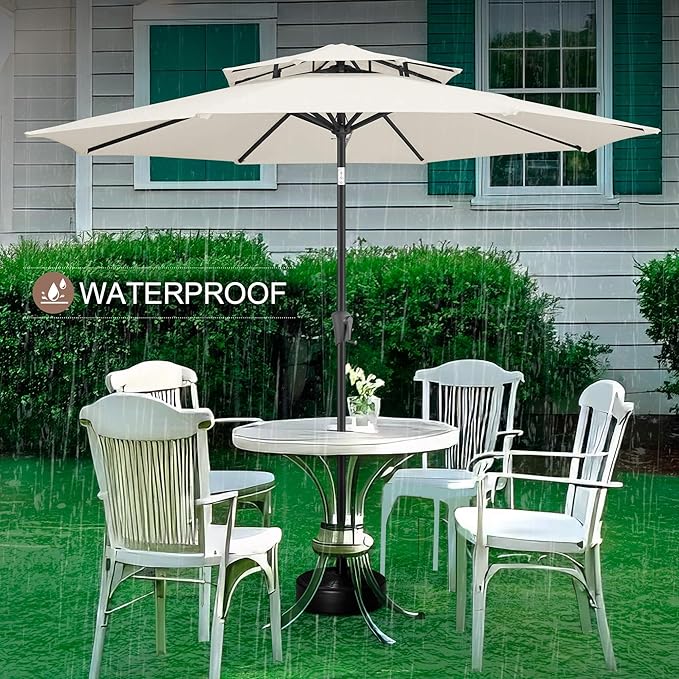 FLAME&SHADE 9ft Patio Umbrella - 2 Tiers Outdoor Umbrella with Push Button Tilt and Crank for UV Protection, Table Market Umbrella for Garden, Deck, Backyard, Pool and Beach(Ivory)