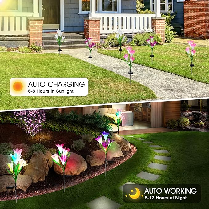 10 Pack Solar Garden Lights Outdoor, 7 Color Changing LED Waterproof Solar Powered Lily Flowers Landscape Lights for Outside Yard, Patio, Pathway Decorative, Décor