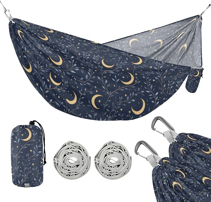 Camping Hammock Outdoor Hammocks for Outside Dark Navy Crescent Moon Beach Trees Portable Lightweight with Pockets Tree Straps Indoor