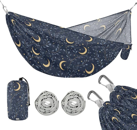 Camping Hammock Outdoor Hammocks for Outside Dark Navy Crescent Moon Beach Trees Portable Lightweight with Pockets Tree Straps Indoor