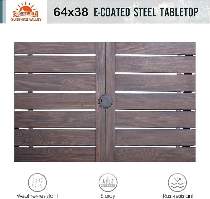 SUNSHINE VALLEY Patio Dining Set,Wood-Like Metal Table w/Umbrella Hole | 64x38 Table&6 Pcs Rust-Proof Stackable Chairs, Outdoor Table and Chairs Set for Backyard Garden Deck
