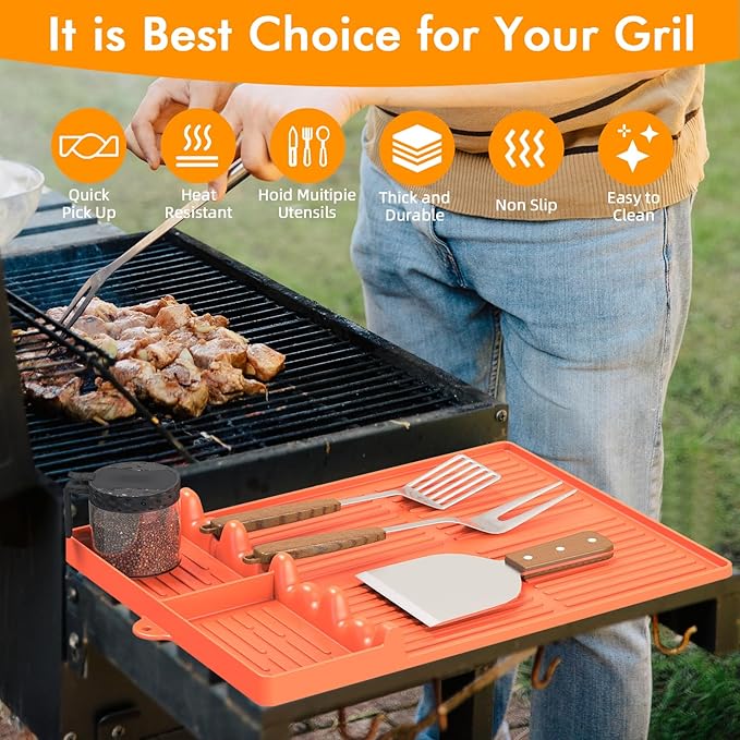 Silicone Griddle Tool Mat Compatible with Blackstone Weber - Flat Top Grill Pellet Smoker Side Shelf Spatula Mat with Drip Pad - Kitchen Cooking BBQ Grilling Accessories - Gift for Men(Orange)