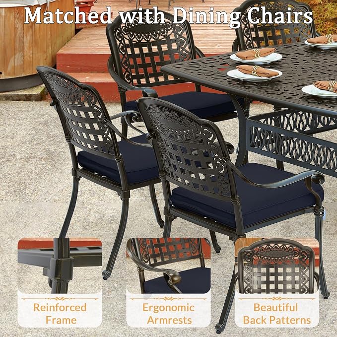 9 Piece Outdoor Patio Dining Set for 8, Cast Aluminium Large Square Dining Table & 8 Cushioned Stackable Chairs, Umbrella Hole, Patio Furniture Set for Garden Porch Poolside, Navy Blue