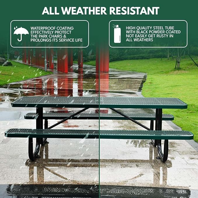 6 ft Outdoor Picnic Table with Umbrella Hole, Heavy-Duty Steel Frame, Rectangular Weather-Resistant Dining Table for Backyard, Patio & Garden, Green