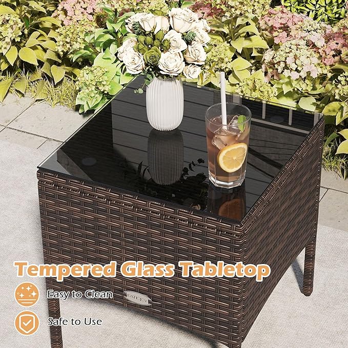 Tangkula 3 Pieces Patio PE Wicker Furniture Set, Outdoor Bistro Conversation Set with Cushions and Tempered Glass Coffee Table, Outside Rattan Table and Chairs for Porch (Beige)