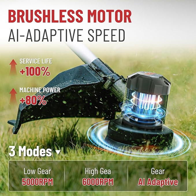 DCK 58V 17" String Trimmer Cordless, AI Adaptive Speed, Brushless Weed Eater & Edger with Dual-line Auto Feed, 6000RPM, 4.0Ah Battery, Dual Safety Switch, Electric Weed Wacker with Shoulder Strap