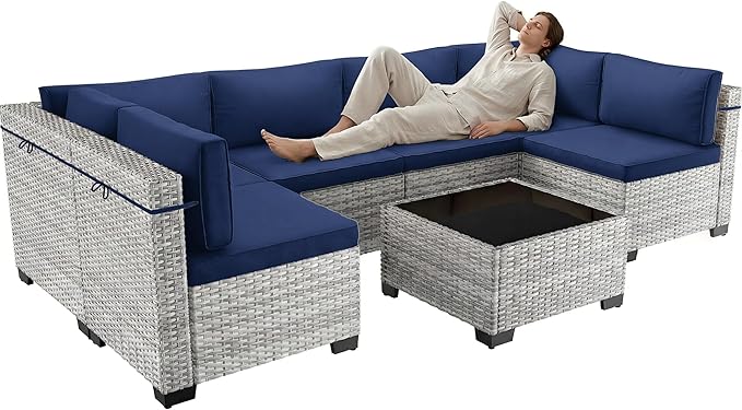 7-Piece Patio Furniture Set, Outdoor Sectional with Thick Cushions, Modular Patio Sofa, Dual-Strand Wicker Rattan, Rust-Resistant Frame, Backyard Furniture for Garden, Deck, Navy Blue