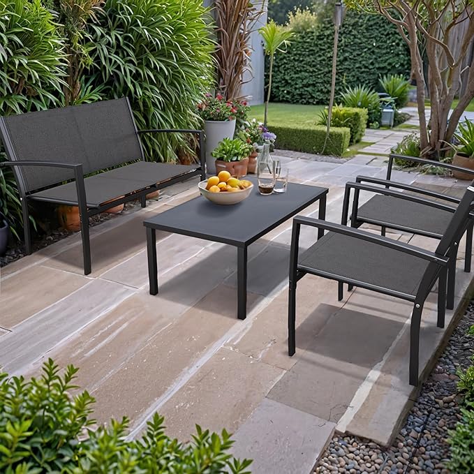 Tuoze 4 Pieces Patio Furniture Set Outdoor Conversation Set with Glass Coffee Table Bistro Set with Loveseat Garden Yard Lawn and Balcony (Black)