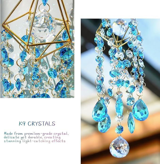 21.5'' Crystal Prisms Suncatchers for Window Hanging Rainbow Sun Catcher | Gold-Plated,Blue Dreams,Crystal Wind Chime,Sun Catcher With Crystals,Indoor Outdoor Decoration,Whimsical Decor,Gift For Women