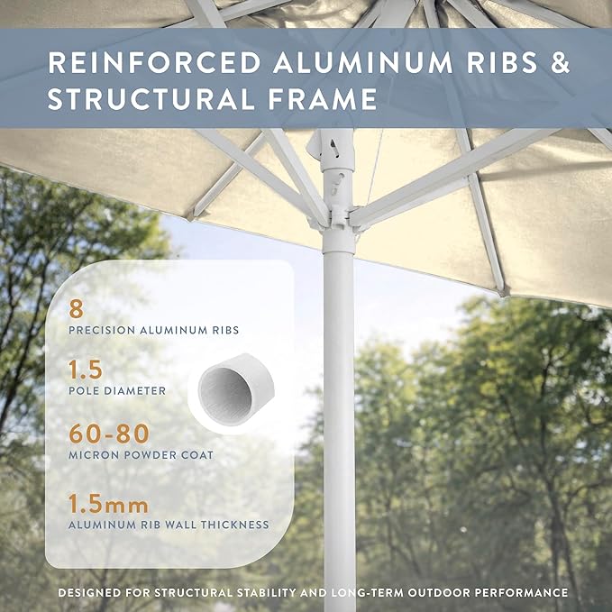California Umbrella 10-Year Protection 9 Ft Outdoor Patio Umbrella, Pacifica Fade-Resistant Fabric, Auto-Tilt, Heavy Duty Aluminum Frame, 8 Reinforced Ribs for Pool or Deck, White Pole, Canvas