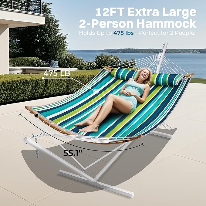 SUPERJARE Curved-Bar Hammock with Stand, 2 Person Heavy Duty Hammock Frame, Detachable Pillow & Portable Carrying Bag, Perfect for Outdoor & Indoor, Blue-Green Stripe