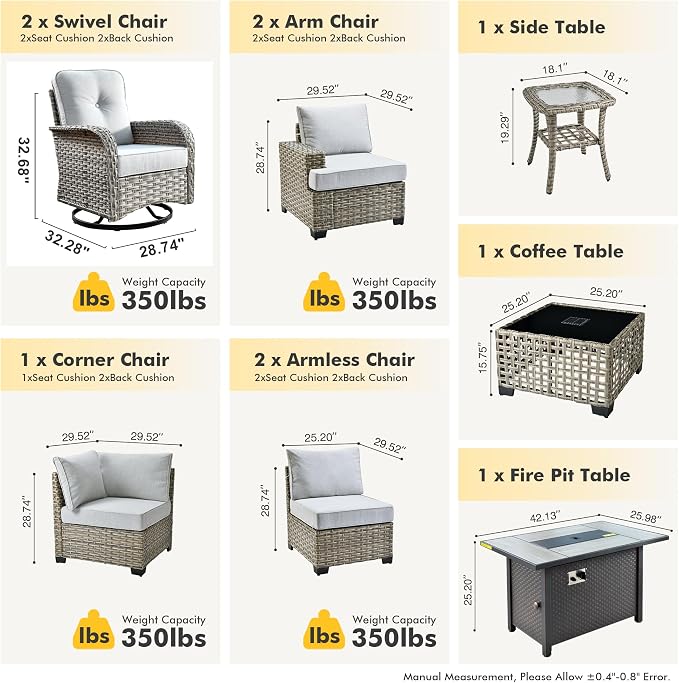HOOOWOOO Sectional Patio Furniture Set With Fire Pit Table,10 Pieces Wicker Outdoor Furniture L Shaped Couch,Outside Conversation Set Extra Deep Seat Sofa Wide Arm Swivel Chairs Solar Table,Denim Blue