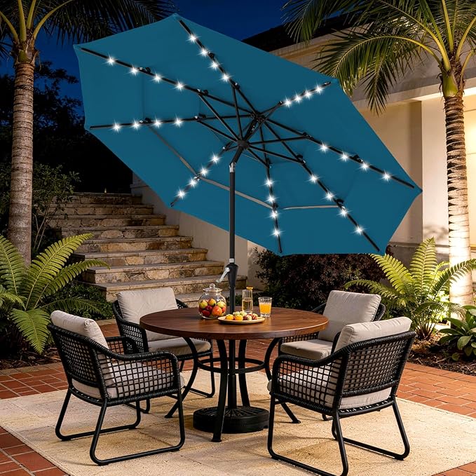 JEAREY 3 Tiers Patio Umbrella with Solar Lights 9ft Outdoor Market Table Umbrellas with Push Button Tilt for Outside Pool Garden, Lake Blue