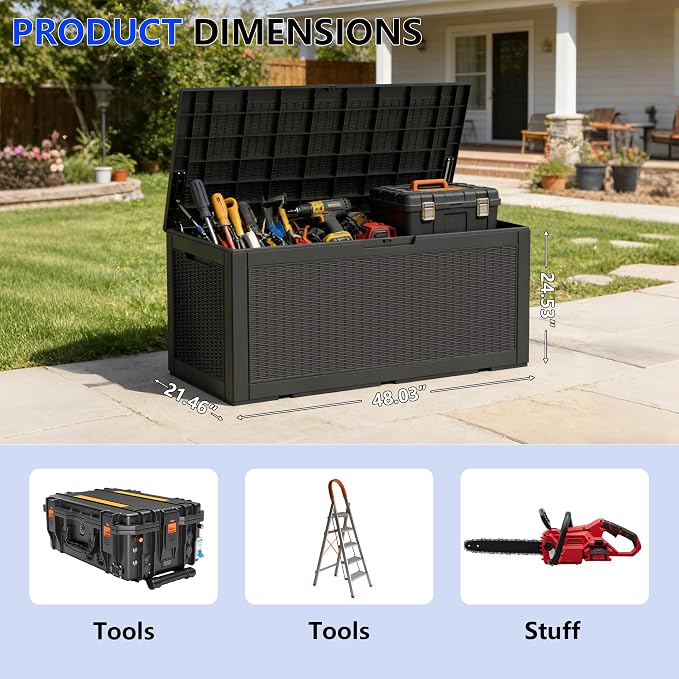 100 Gallon Resin Deck Box All Weather Outdoor Storage Box for Patio Furniture, Garden Tools, Lockable, Black
