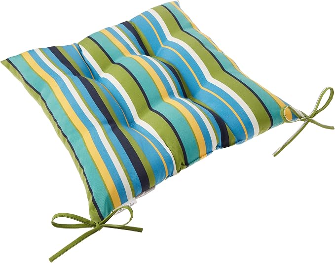 Pillow Perfect Stripe Indoor/Outdoor Chair Seat Cushion with Ties, Tufted, Weather, and Fade Resistant, 18.5" x 19", Blue/Green Topanga, 2 Count