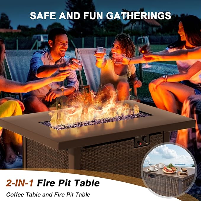 Outdoor Sectional Furniture, 5 Piece Patio Furniture Set with 42-inch Fire Wicker Propane Fire Pit Table - All Weather Wicker Rattan Sofa Conversation Set for Backyard Lawn Poolside Deck, Black